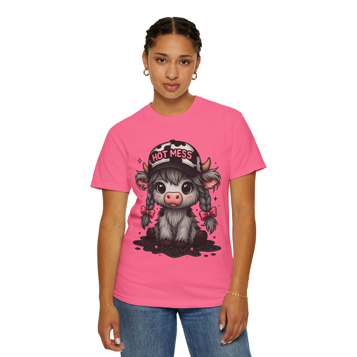 Cute Highland Cow 'Hot Mess' In Braids  - Comfort Colors | Trendy Women's T-Shirt. Direct to Garment. Printed & Shipped in the USA. Unisex Sizes.
