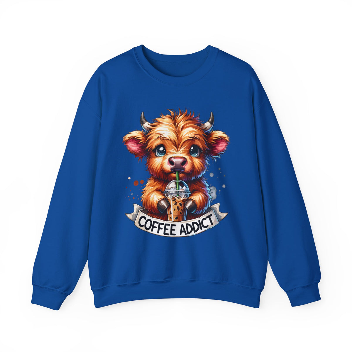 Coffee Addict Highland Cow Drinking Iced Coffee – Gildan Heavy Blend | Trendy Women’s Soft Sweatshirt. Direct to Garment. Printed & Shipped in the USA. Unisex Sizes.