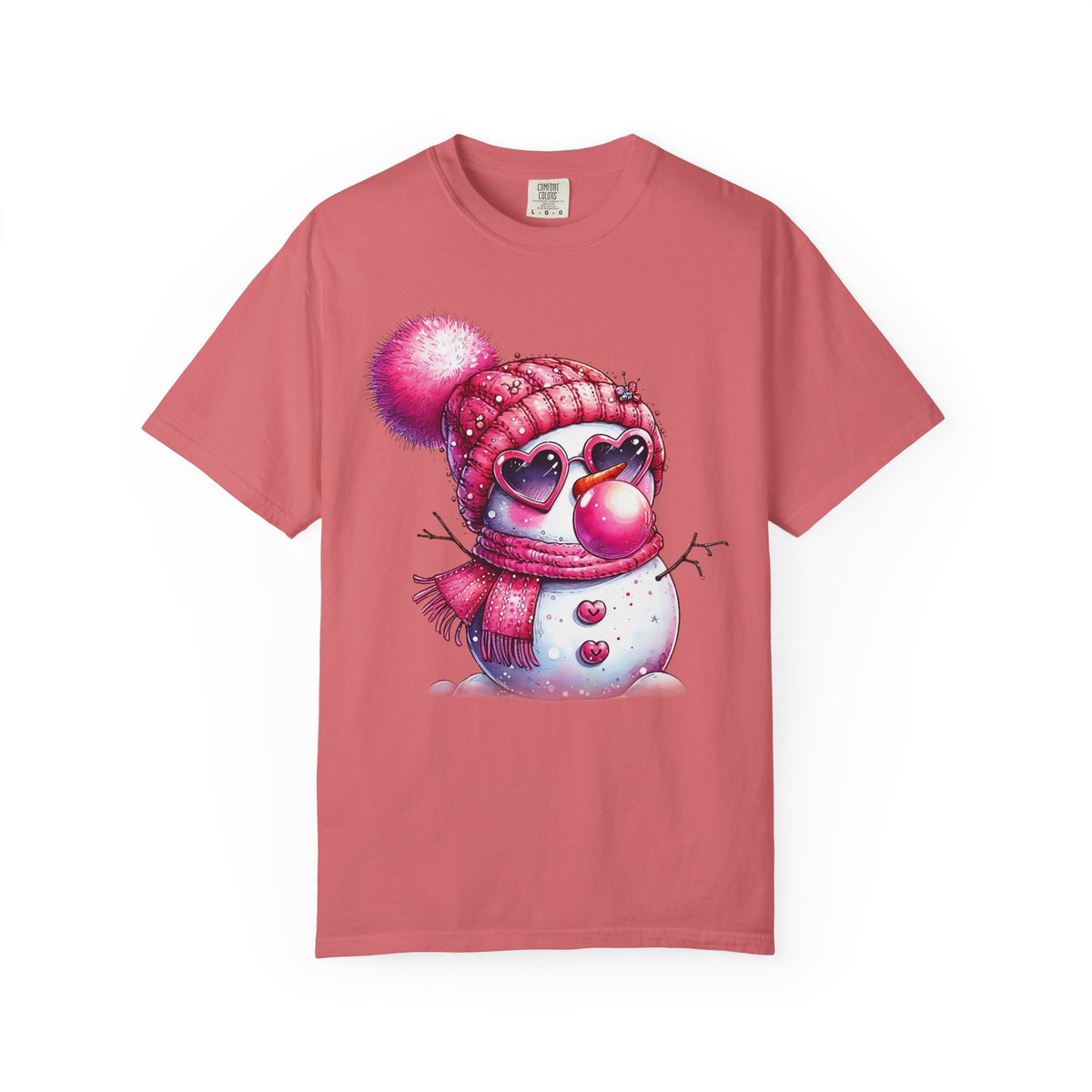 Pink Girly Snowman with Heart Sunglasses and Bubblegum Winter - Comfort Colors | Trendy Women's T-Shirt. Direct to Garment. Printed & Shipped in the USA. Unisex Sizes.