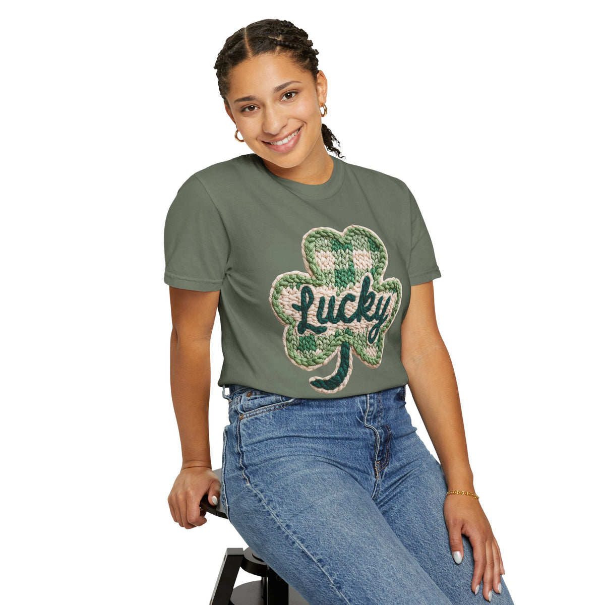Lucky Shamrock Faux Knit - Comfort Colors | Trendy Men's and Women's T-Shirt. Direct to Garment. Printed & Shipped in the USA. Unisex Sizes.