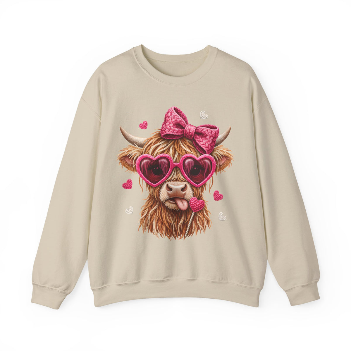Highland Cow - Pink Heart Shaped Glasses – Gildan Heavy Blend | Trendy Women’s Soft Sweatshirt. Direct to Garment. Printed & Shipped in the USA. Unisex Sizes.