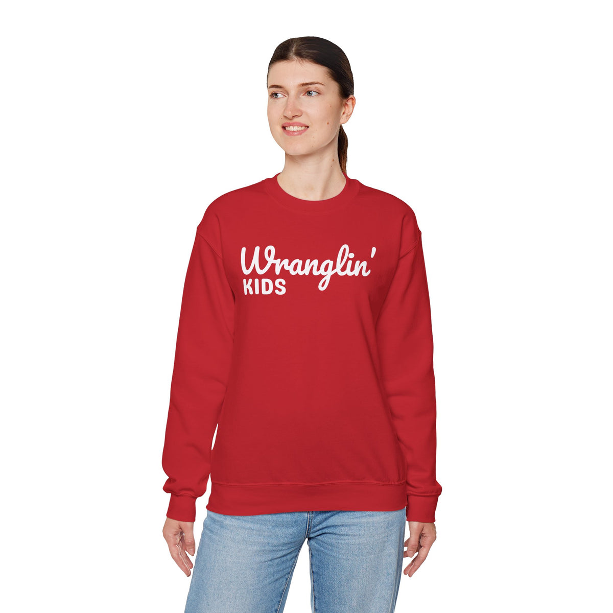 Wranglin' Kids Funny Mom Dad – Gildan Heavy Blend | Trendy Women’s and Men's Soft Sweatshirt. Direct to Garment. Printed & Shipped in the USA. Unisex Sizes.