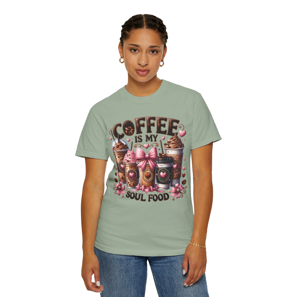 Coffee Is My Soul Food, Iced Coffee, Pink Bow - Comfort Colors | Trendy Women's T-Shirt. Direct to Garment. Printed & Shipped in the USA. Unisex Sizes.