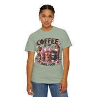 Coffee Is My Soul Food, Iced Coffee, Pink Bow - Comfort Colors | Trendy Women's T-Shirt. Direct to Garment. Printed & Shipped in the USA. Unisex Sizes.