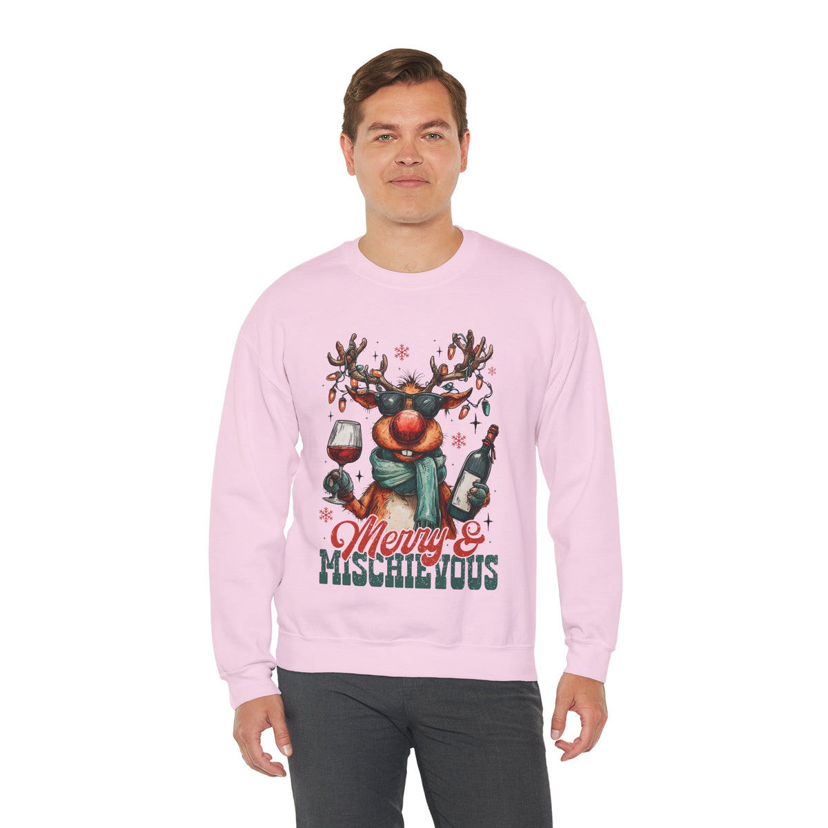 Merry & Mischievous Reindeer – Gildan Heavy Blend | Trendy Women’s and Men's Soft Sweatshirt. Direct to Garment. Printed & Shipped in the USA. Unisex Sizes.