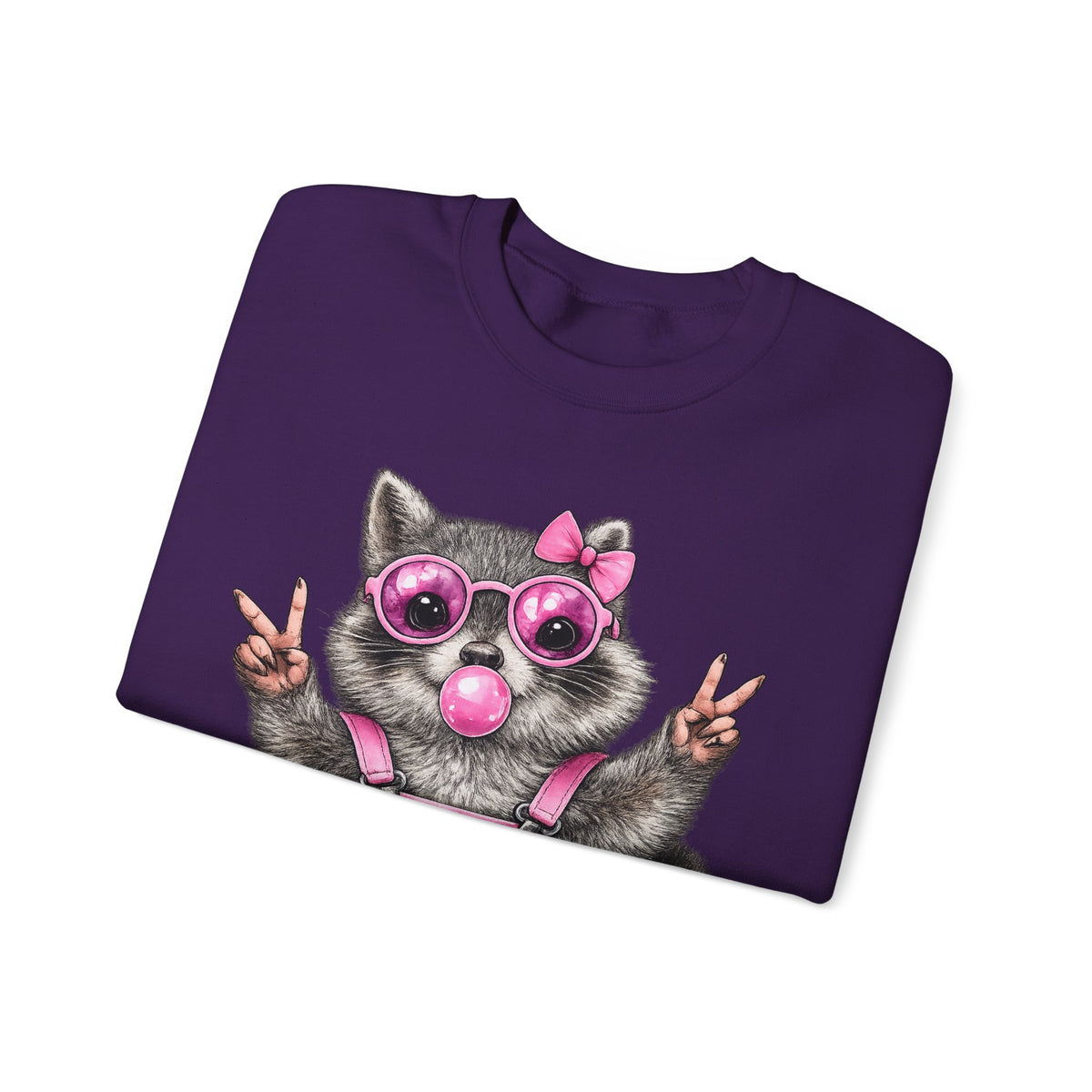 Cute But Feral, Raccoon in Pink Bibs – Gildan Heavy Blend | Trendy Women’s Soft Sweatshirt. Direct to Garment. Printed & Shipped in the USA. Unisex Sizes.