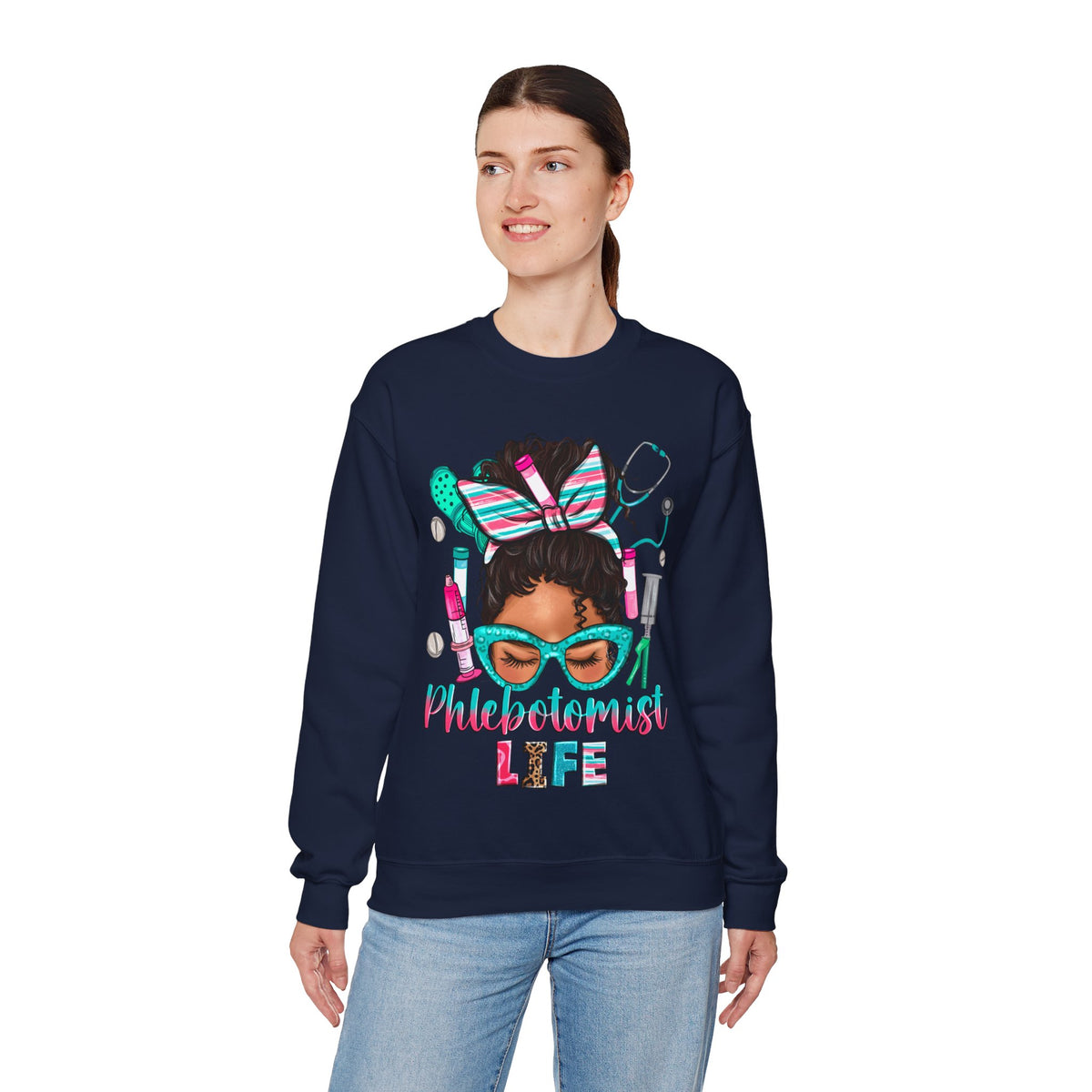 Phlebotomist Life, Messy Bun – Gildan Heavy Blend | Trendy Women’s Soft Sweatshirt. Direct to Garment. Printed & Shipped in the USA. Unisex Sizes.