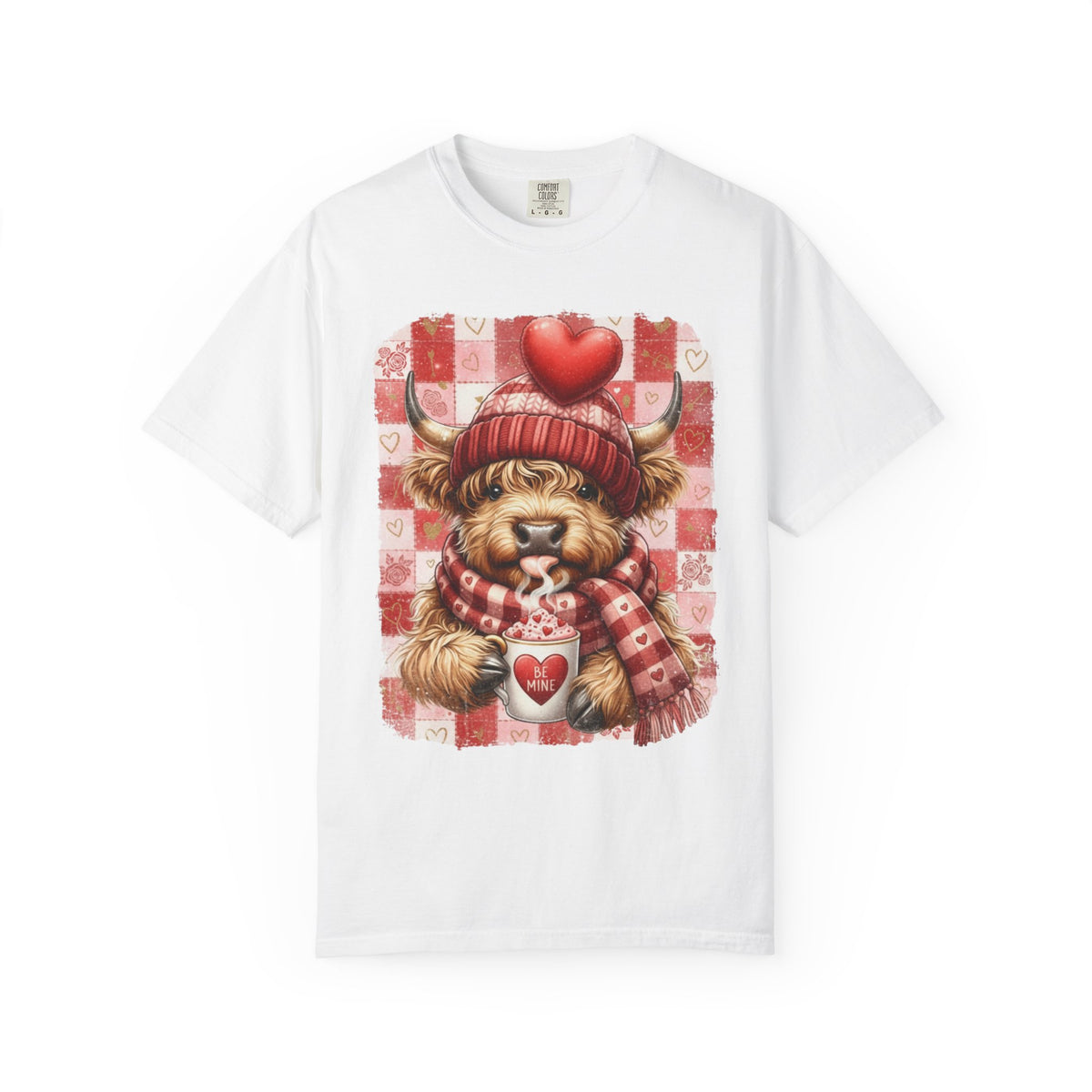 Highland Cow Be Mine, Red Checkered - Comfort Colors | Trendy Women's T-Shirt. Direct to Garment. Printed & Shipped in the USA. Unisex Sizes.