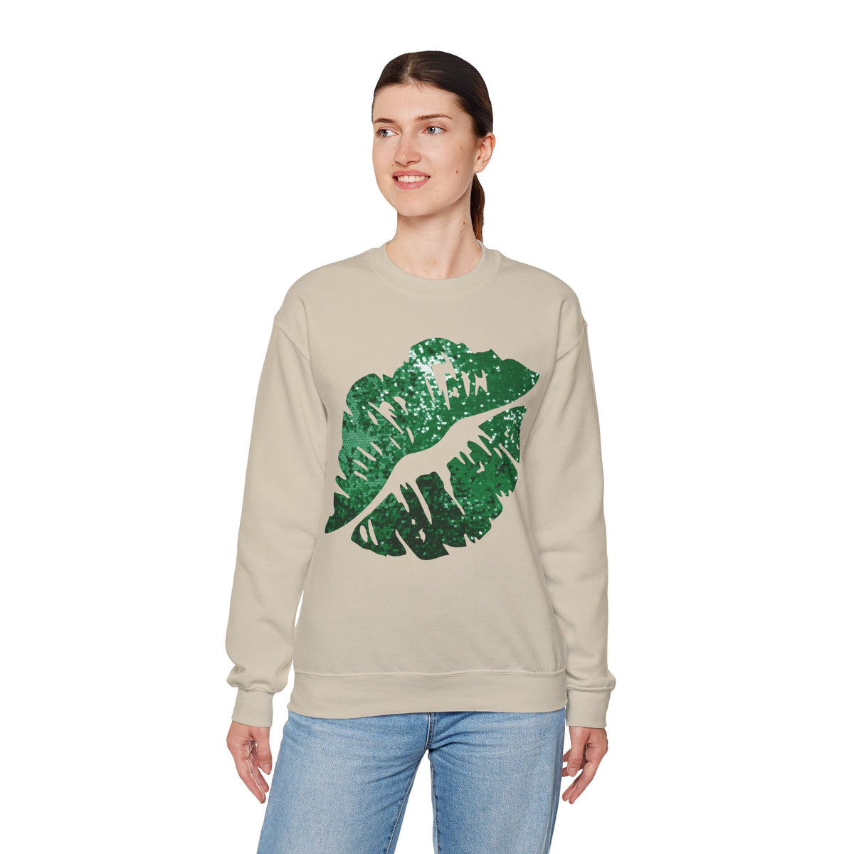 Green Faux Glitter Kiss – Gildan Heavy Blend | Trendy Women’s Soft Sweatshirt. Direct to Garment. Printed & Shipped in the USA. Unisex Sizes.