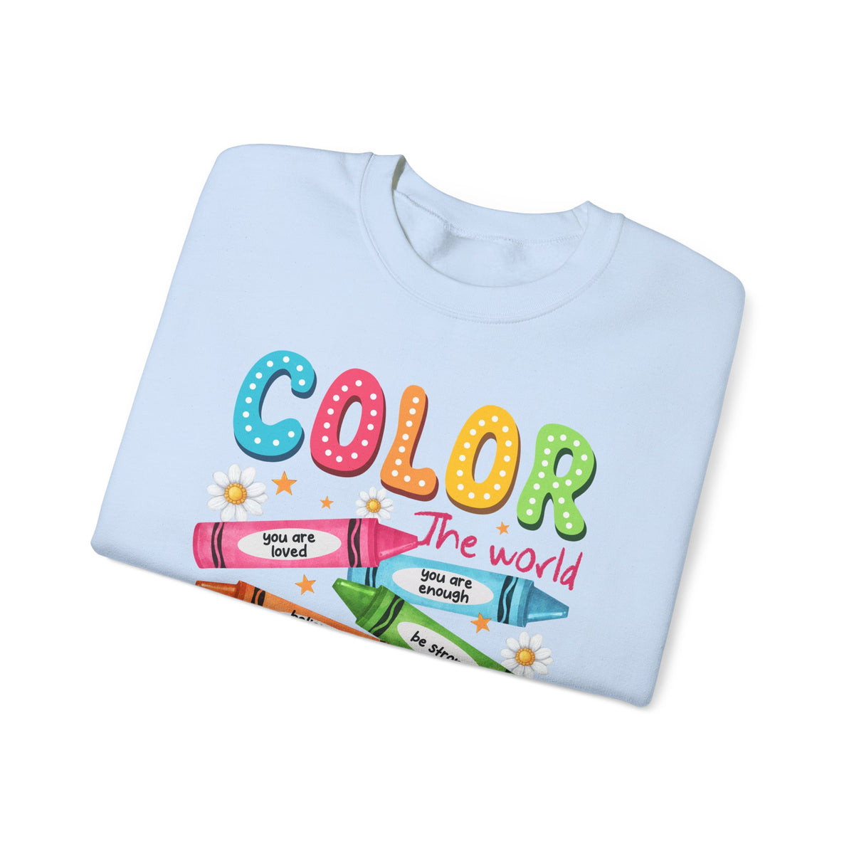Color the World With Kindness Crayons, Great Teacher Gift – Gildan Heavy Blend | Trendy Women’s and Men's Soft Sweatshirt. Direct to Garment. Printed & Shipped in the USA. Unisex Sizes.