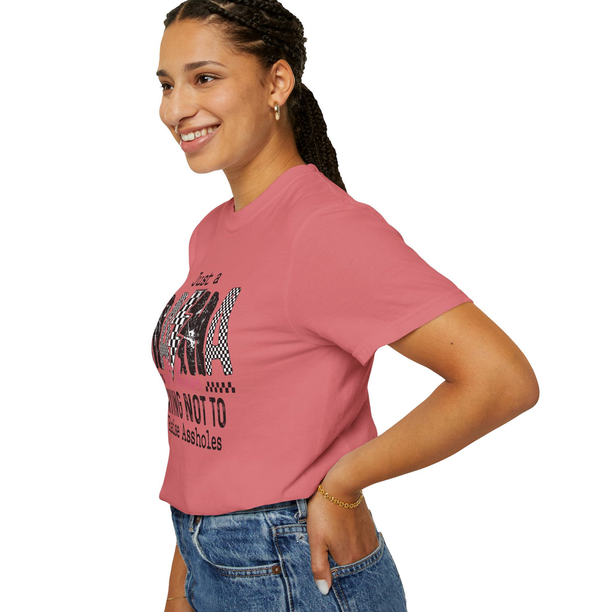 Just a Mama Out Here Trying Not To Raise Assholes - Comfort Colors | Trendy Women's T-Shirt. Direct to Garment. Printed & Shipped in the USA. Unisex Sizes.