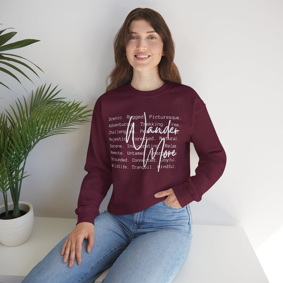 Wander More, Scenic Adventure Typography – Gildan Heavy Blend | Trendy Men's and Women’s Soft Sweatshirt. Direct to Garment. Printed & Shipped in the USA. Unisex Sizes.