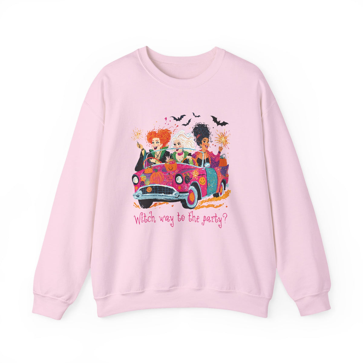 Witch Way to the Party? – Gildan Heavy Blend | Trendy Women’s Soft Sweatshirt. Direct to Garment. Printed & Shipped in the USA. Unisex Sizes.