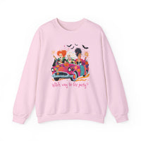 Witch Way to the Party? – Gildan Heavy Blend | Trendy Women’s Soft Sweatshirt. Direct to Garment. Printed & Shipped in the USA. Unisex Sizes.