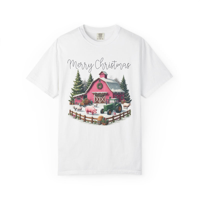 Merry Christmas Pink Barn Farm Animals - Comfort Colors | Trendy Women's T-Shirt. Direct to Garment. Printed & Shipped in the USA. Unisex Sizes.