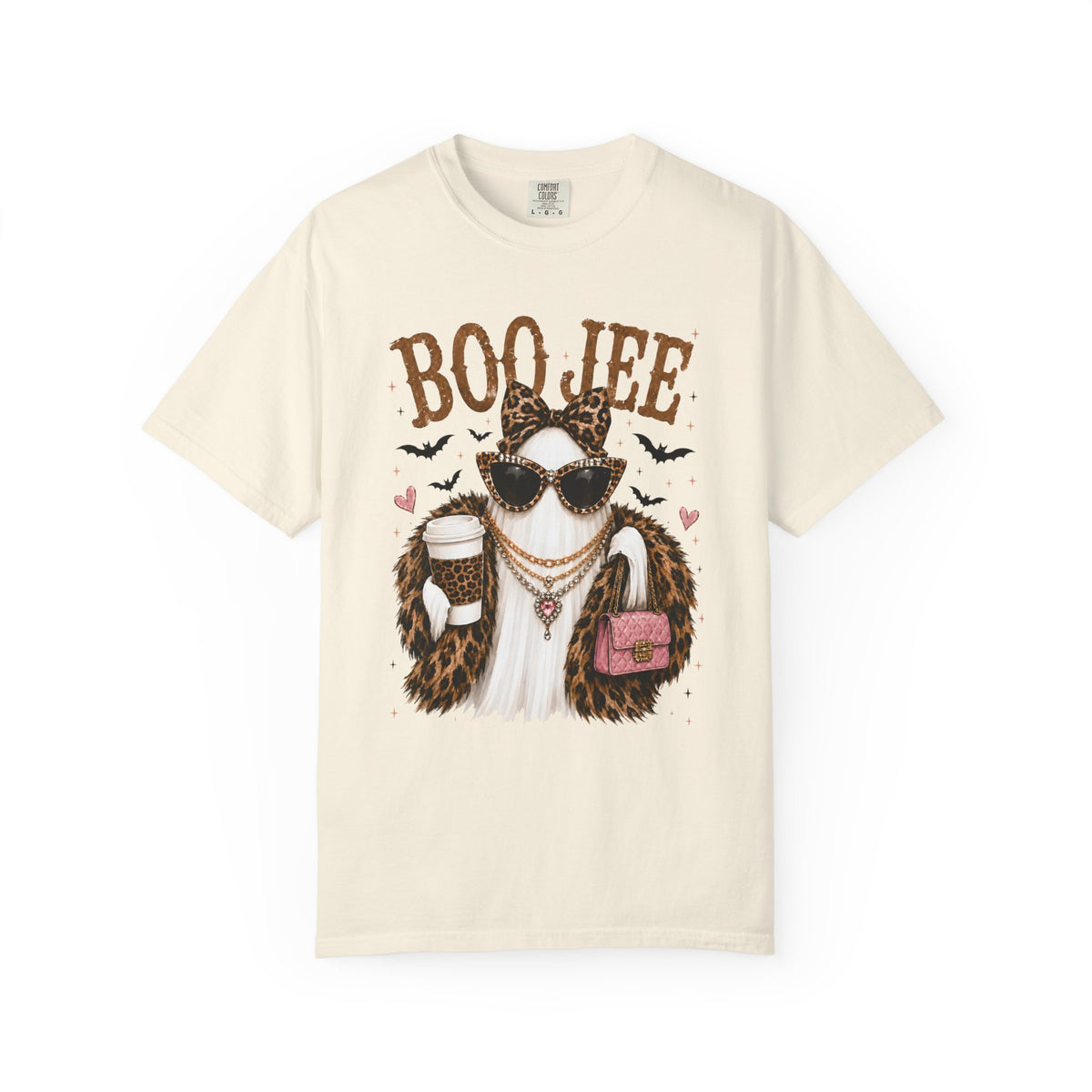 BooJee Ghost with Coffee - Halloween - Comfort Colors | Trendy Women's T-Shirt. Direct to Garment. Printed & Shipped in the USA. Unisex Sizes.