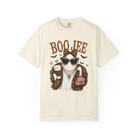 BooJee Ghost with Coffee - Halloween - Comfort Colors | Trendy Women's T-Shirt. Direct to Garment. Printed & Shipped in the USA. Unisex Sizes.