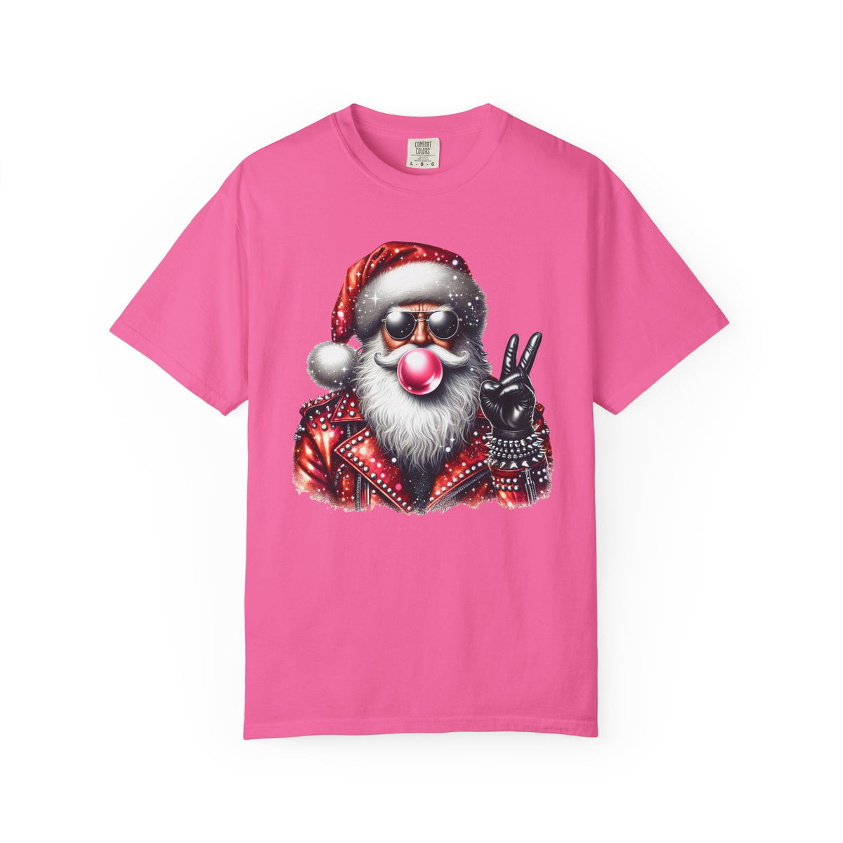 Biker Santa Leather Jacket Bubblegum - Comfort Colors | Trendy Women's and Men's T-Shirt. Direct to Garment. Printed & Shipped in the USA. Unisex Sizes.