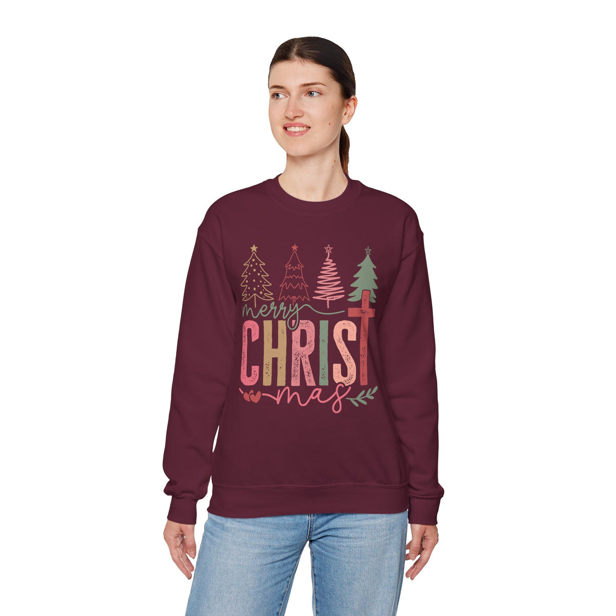 Merry ChrisTmas Christian Faith Graphic – Gildan Heavy Blend | Trendy Women’s Soft Sweatshirt. Direct to Garment. Printed & Shipped in the USA. Unisex Sizes.