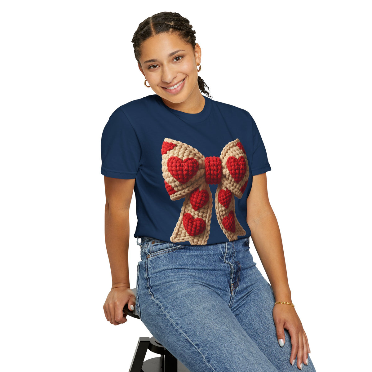 Faux Crochet Valentine Bow - Comfort Colors | Trendy Women's T-Shirt. Direct to Garment. Printed & Shipped in the USA. Unisex Sizes.