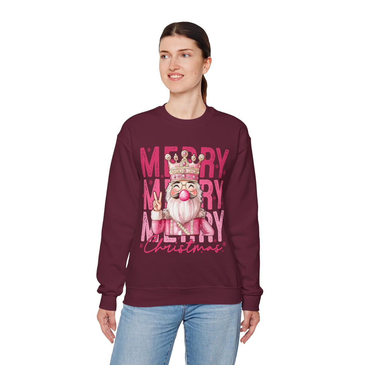 Merry Christmas - Cute Pink Bubblegum Nutcracker – Gildan Heavy Blend | Trendy Women’s Soft Sweatshirt. Direct to Garment. Printed & Shipped in the USA. Unisex Sizes.