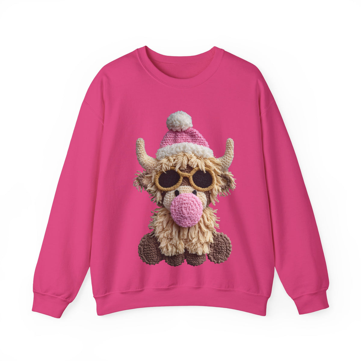 Faux Crochet Highland Cow Bubblegum – Gildan Heavy Blend | Trendy Women’s Soft Sweatshirt. Direct to Garment. Printed & Shipped in the USA. Unisex Sizes.