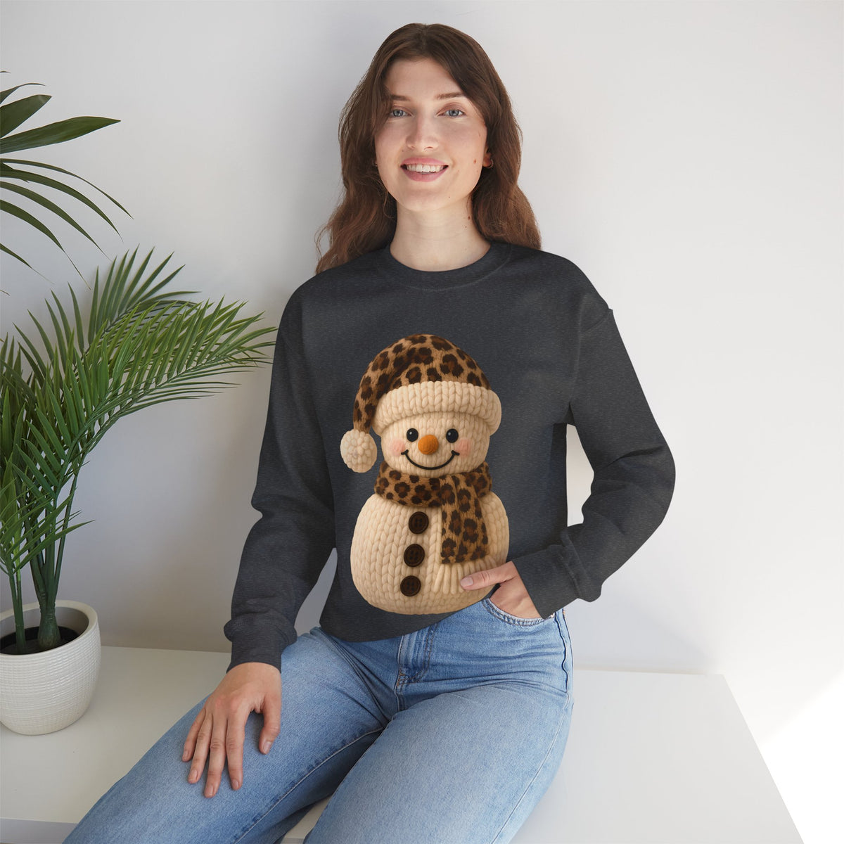 Cute Leopard Faux Knit Snowman Winter – Gildan Heavy Blend | Trendy Women’s Soft Sweatshirt. Direct to Garment. Printed & Shipped in the USA. Unisex Sizes.