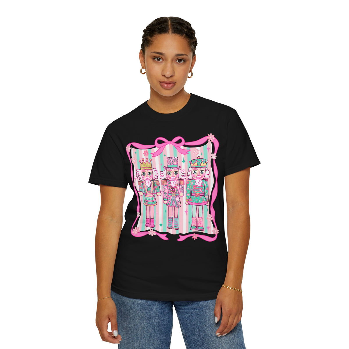 Coquette Pastel Christmas Nutcracker Trio Pink and Green - Comfort Colors | Trendy Women's T-Shirt. Direct to Garment. Printed & Shipped in the USA. Unisex Sizes.