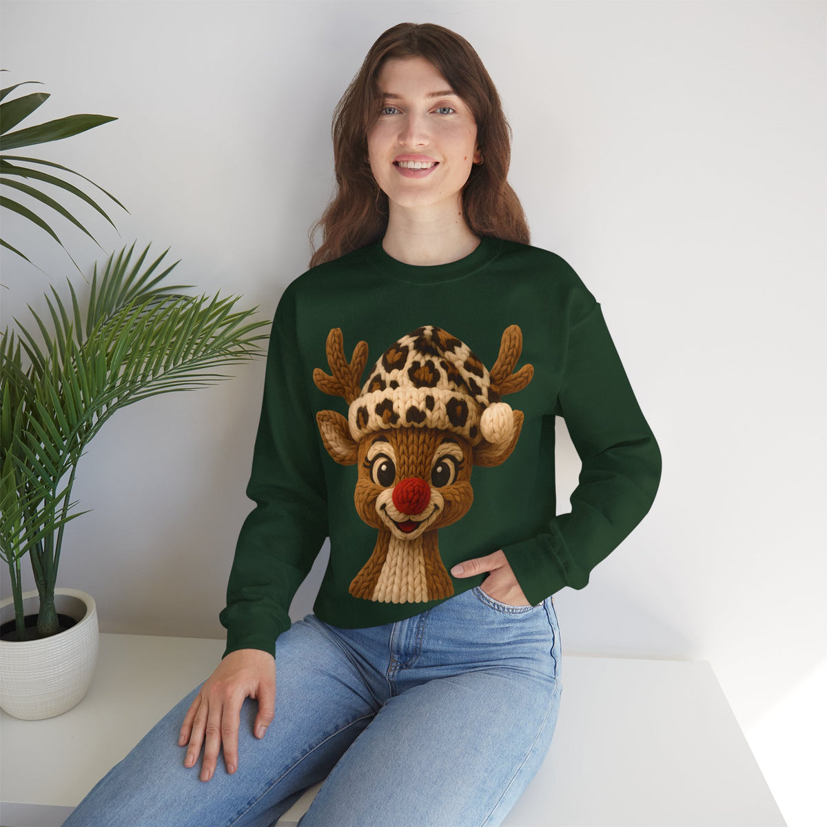 Rudolph Reindeer Leopard Santa Hat Christmas – Gildan Heavy Blend | Trendy Women’s Soft Sweatshirt. Direct to Garment. Printed & Shipped in the USA. Unisex Sizes.