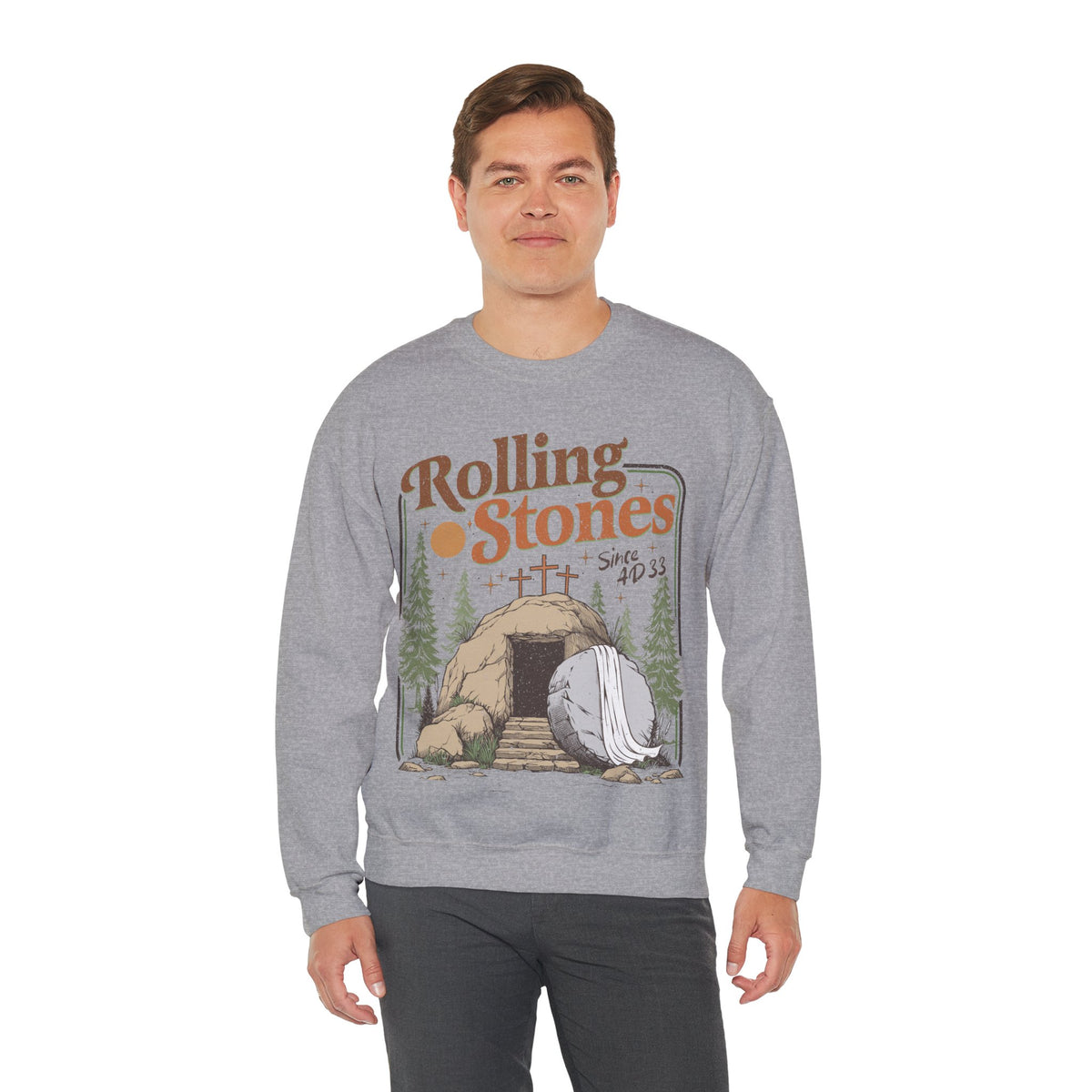 Rolling Stones "Since AD33" Easter Empty Tomb Christian – Gildan Heavy Blend | Trendy Men's and Women’s Soft Sweatshirt. Direct to Garment. Printed & Shipped in the USA. Unisex Sizes.
