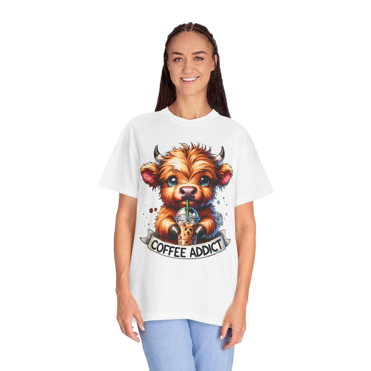 Coffee Addict Highland Cow Drinking Iced Coffee - Comfort Colors | Trendy Women's T-Shirt. Direct to Garment. Printed & Shipped in the USA. Unisex Sizes.