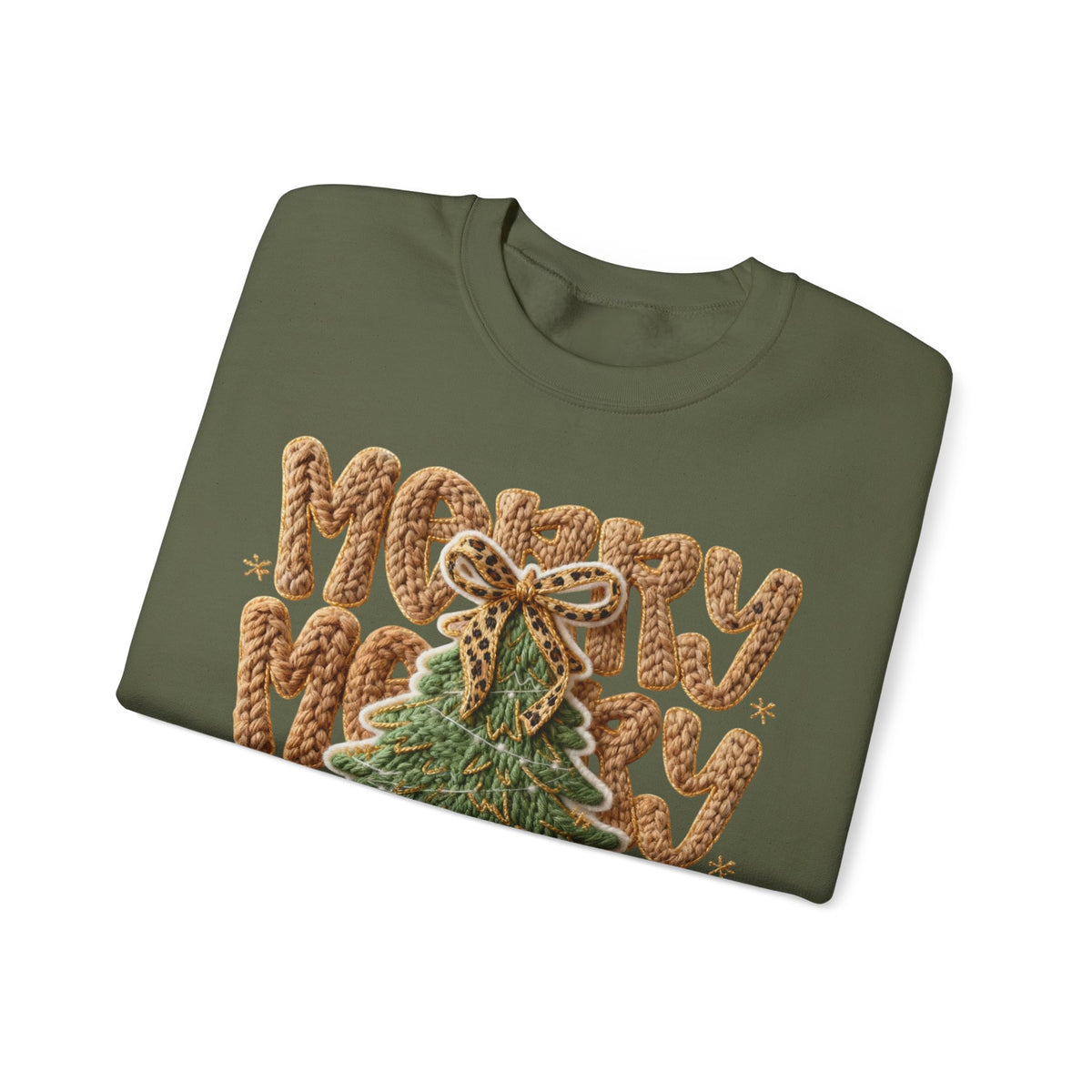 Merry Merry Merry Christmas, Faux Latch Hook Yarn – Gildan Heavy Blend | Trendy Women’s Soft Sweatshirt. Direct to Garment. Printed & Shipped in the USA. Unisex Sizes.