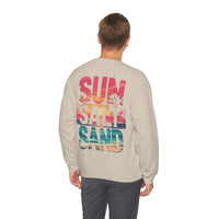 Sun Salt Sand, Beach Sunset - Front & Back Print – Gildan Heavy Blend | Trendy Women’s and Men's Soft Sweatshirt. Direct to Garment. Printed & Shipped in the USA. Unisex Sizes.