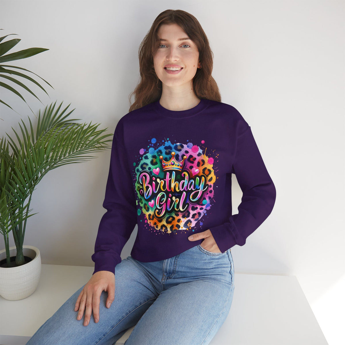 Birthday Girl, Neon Leopard – Gildan Heavy Blend | Trendy Women’s Soft Sweatshirt. Direct to Garment. Printed & Shipped in the USA. Unisex Sizes.