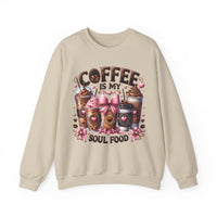 Coffee Is My Soul Food, Iced Coffee, Pink Bow – Gildan Heavy Blend | Trendy Women’s Soft Sweatshirt. Direct to Garment. Printed & Shipped in the USA. Unisex Sizes.