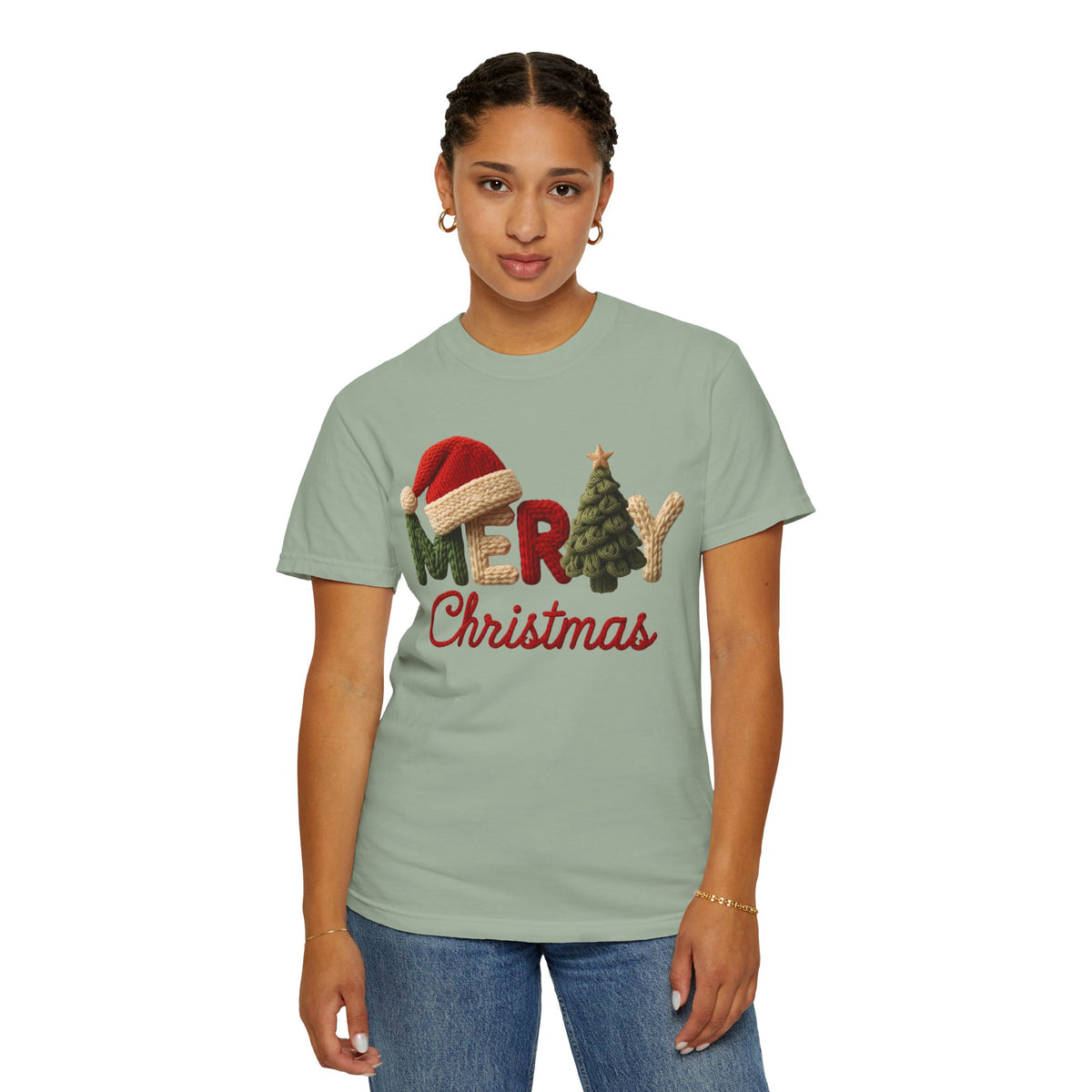 Merry Christmas Faux Yarn w/Santa Hat & Tree - Comfort Colors | Trendy Women's T-Shirt. Direct to Garment. Printed & Shipped in the USA. Unisex Sizes.