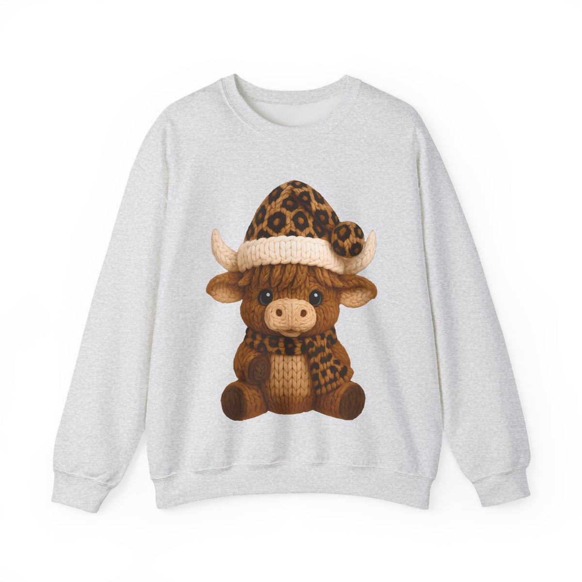 Cute Highland Cow with Leopard Santa Hat Christmas – Gildan Heavy Blend | Trendy Women’s Soft Sweatshirt. Direct to Garment. Printed & Shipped in the USA. Unisex Sizes.