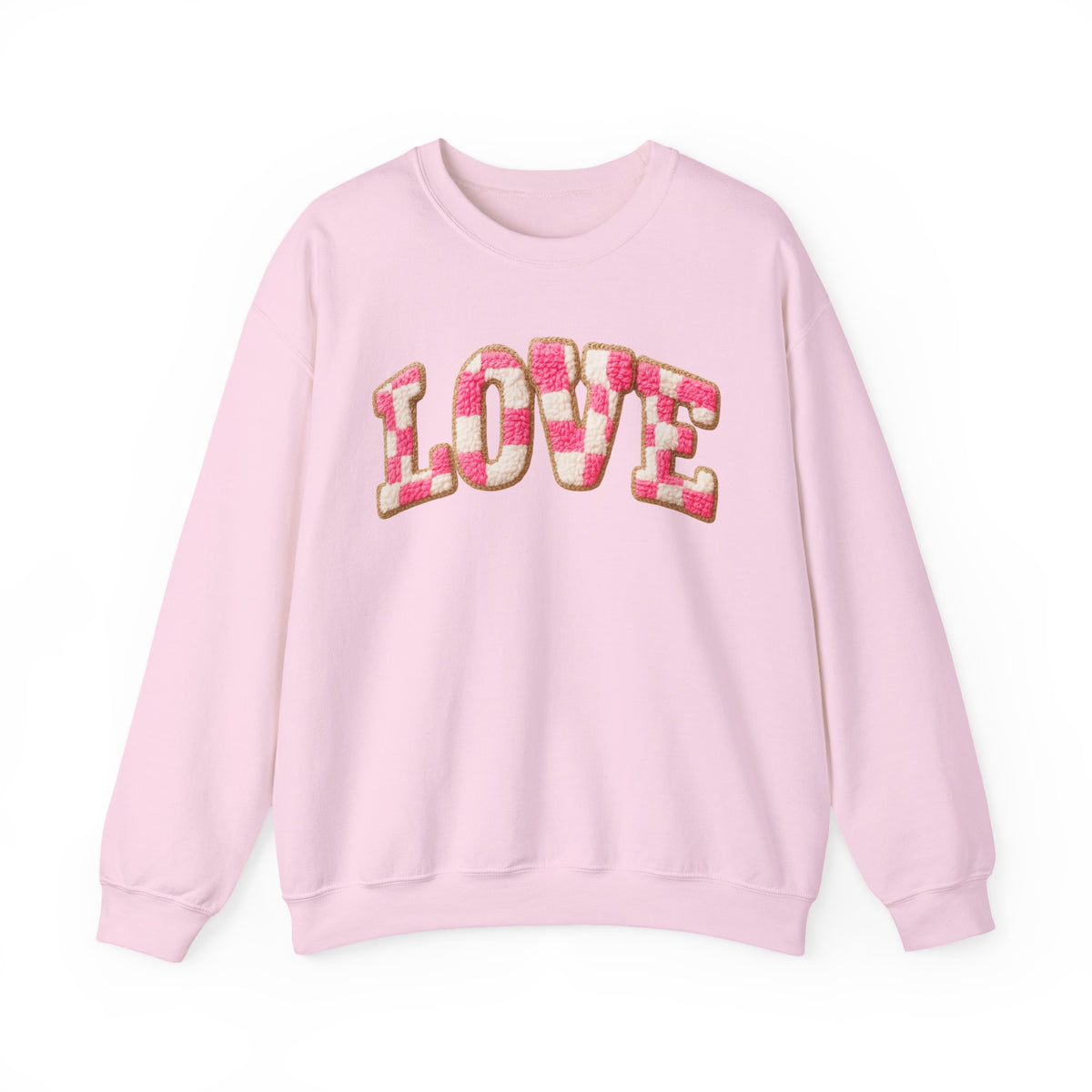 Faux Crochet Checkered LOVE – Gildan Heavy Blend | Trendy Women’s Soft Sweatshirt. Direct to Garment. Printed & Shipped in the USA. Unisex Sizes.