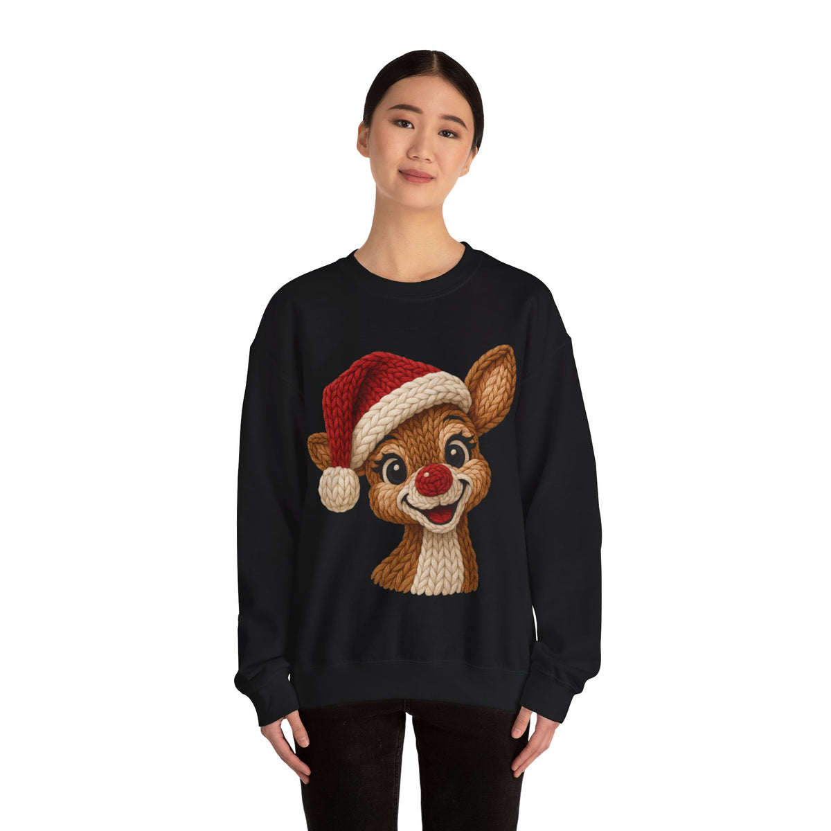 Cute Rudolph Faux Knit Look Reindeer w/Santa Hat – Gildan Heavy Blend | Trendy Women’s Soft Sweatshirt. Direct to Garment. Printed & Shipped in the USA. Unisex Sizes.