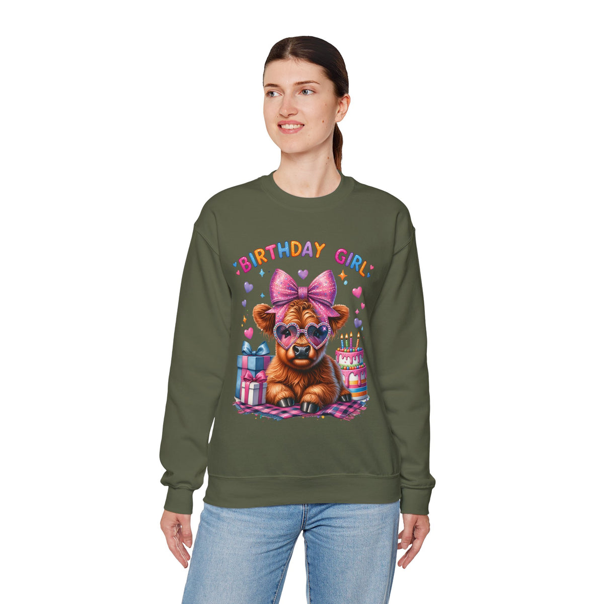 Birthday Girl, Highland Cow – Gildan Heavy Blend | Trendy Women’s Soft Sweatshirt. Direct to Garment. Printed & Shipped in the USA. Unisex Sizes.