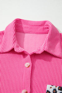 Pink, Leopard-Patched Ribbed Button-Up Long Sleeve Top with Pocket