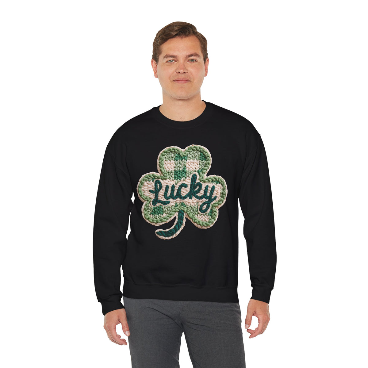 Lucky Shamrock Faux Knit – Gildan Heavy Blend | Trendy Men's and Women’s Soft Sweatshirt. Direct to Garment. Printed & Shipped in the USA. Unisex Sizes.
