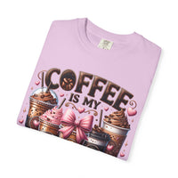 Coffee Is My Soul Food, Iced Coffee, Pink Bow - Comfort Colors | Trendy Women's T-Shirt. Direct to Garment. Printed & Shipped in the USA. Unisex Sizes.