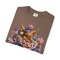 Patriotic Highland, America's 250th Birthday - Comfort Colors | Trendy Women's and Men's T-Shirt. Direct to Garment. Printed & Shipped in the USA. Unisex Sizes.