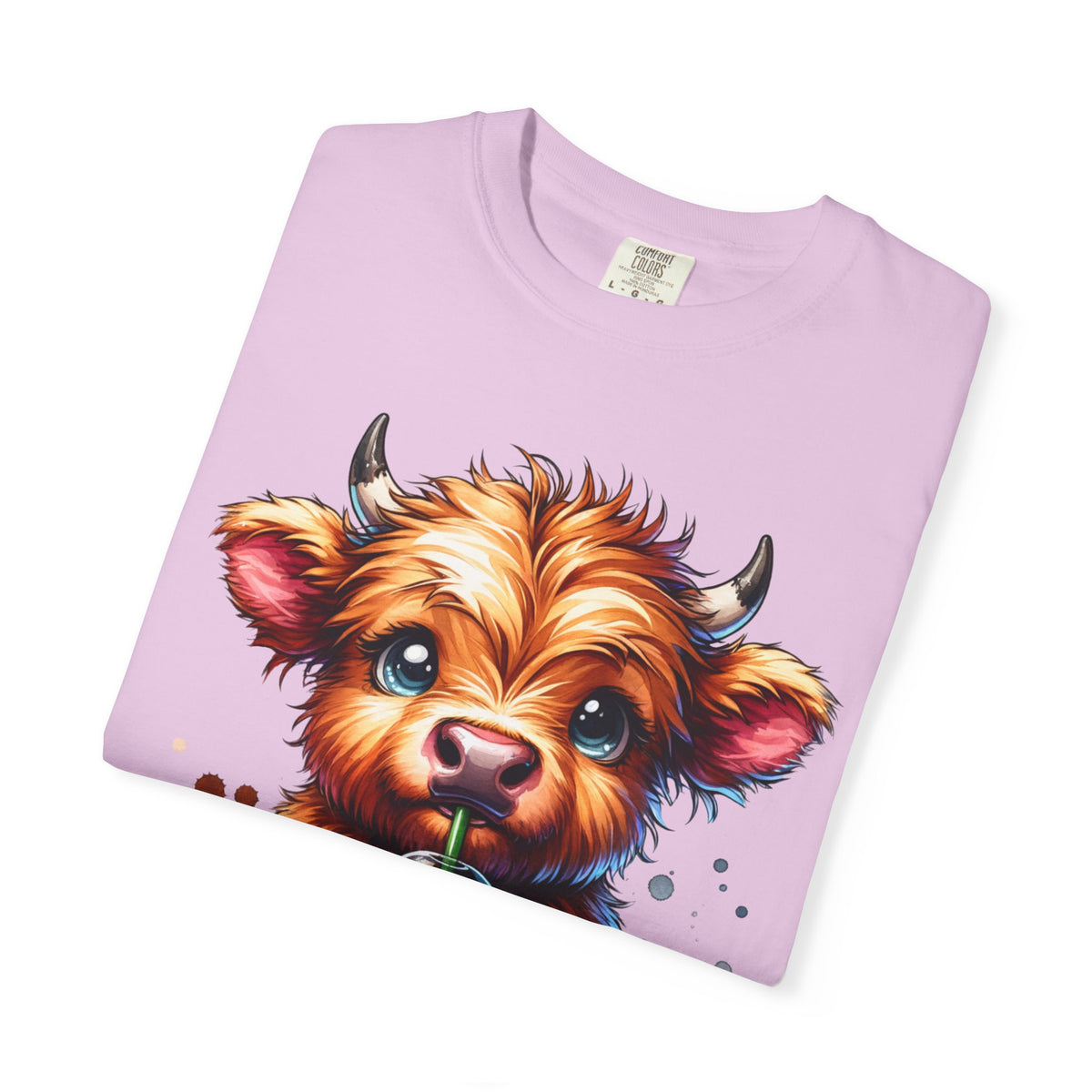 Coffee Addict Highland Cow Drinking Iced Coffee - Comfort Colors | Trendy Women's T-Shirt. Direct to Garment. Printed & Shipped in the USA. Unisex Sizes.