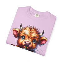 Coffee Addict Highland Cow Drinking Iced Coffee - Comfort Colors | Trendy Women's T-Shirt. Direct to Garment. Printed & Shipped in the USA. Unisex Sizes.
