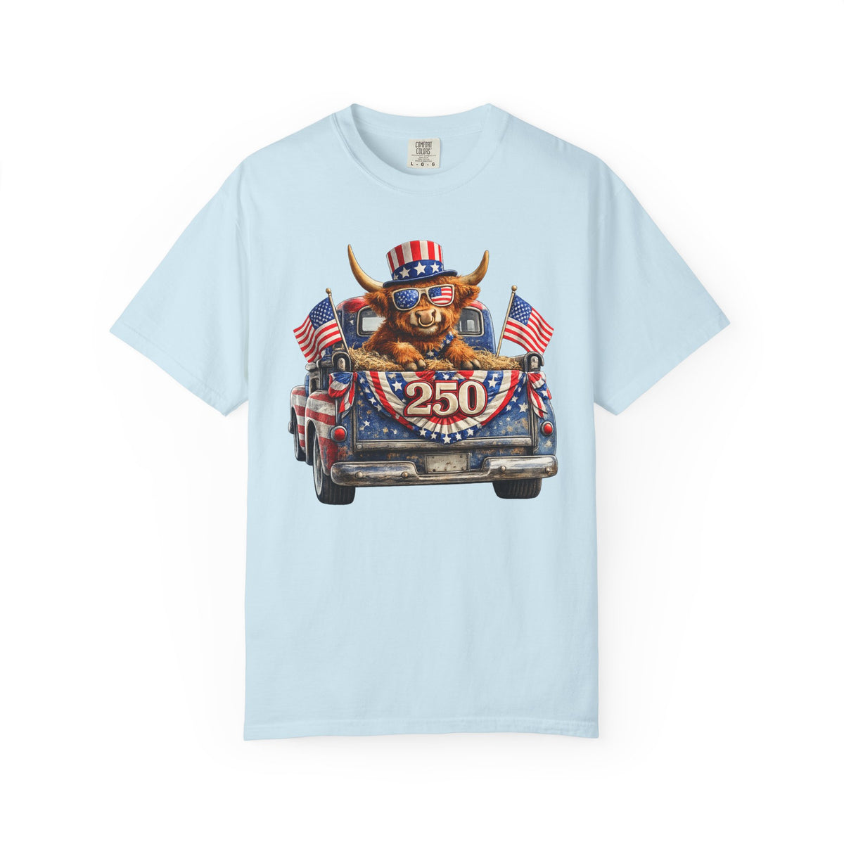 Patriotic Highland, America's 250th Birthday - Comfort Colors | Trendy Women's and Men's T-Shirt. Direct to Garment. Printed & Shipped in the USA. Unisex Sizes.