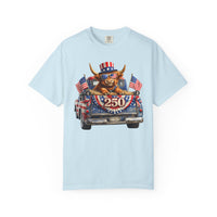 Patriotic Highland, America's 250th Birthday - Comfort Colors | Trendy Women's and Men's T-Shirt. Direct to Garment. Printed & Shipped in the USA. Unisex Sizes.