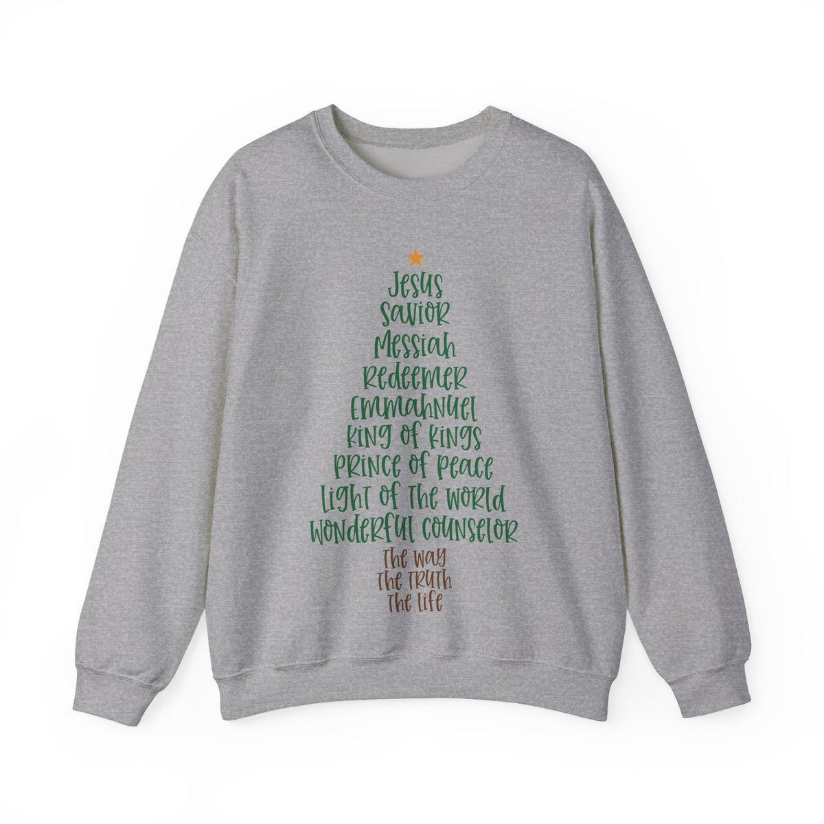 Jesus Names Christmas Tree – Gildan Heavy Blend | Trendy Women’s Soft Sweatshirt. Direct to Garment. Printed & Shipped in the USA. Unisex Sizes.