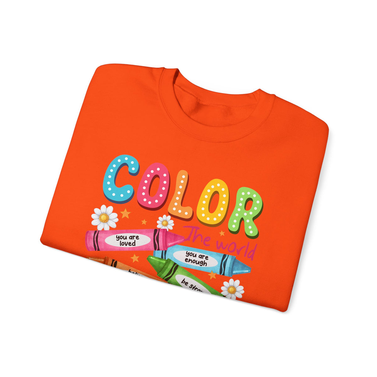 Color the World With Kindness Crayons, Great Teacher Gift – Gildan Heavy Blend | Trendy Women’s and Men's Soft Sweatshirt. Direct to Garment. Printed & Shipped in the USA. Unisex Sizes.